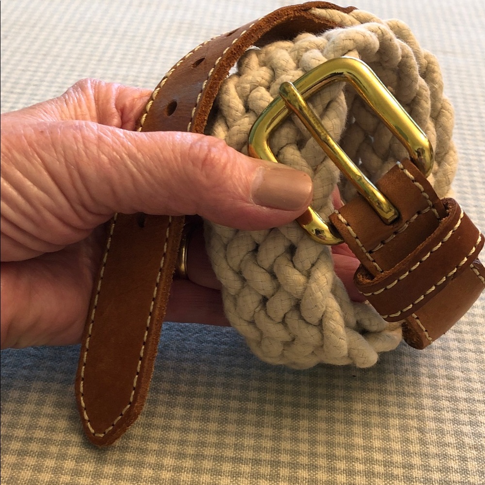 Braided Cotton Rope Belt Genuine Brown Leather Trim Solid Brass BuckleNWOT #1257